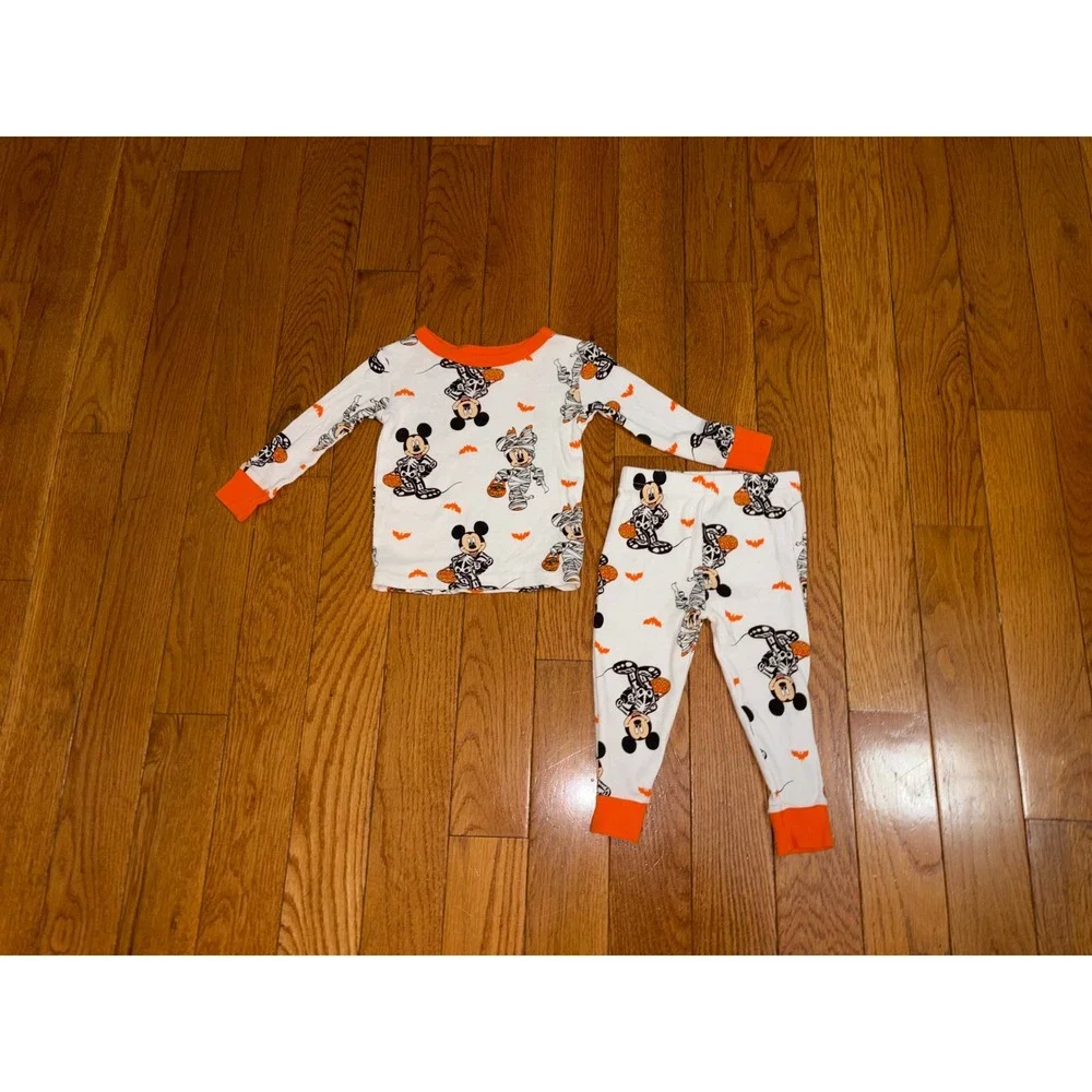 Disney Mickey Mouse Halloween Skeleton Mummy‎ Pajama Set 2T Orange White Cotton